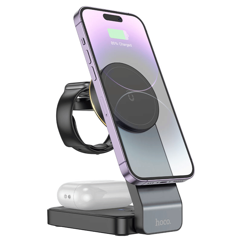 แท่นชาร์จไร้สาย 3IN1 HOCO CQ3 สีดำ สำหรับ สมาร์ทโฟน, หูฟังไร้สาย, APPLE WATCH พับเก็บได้